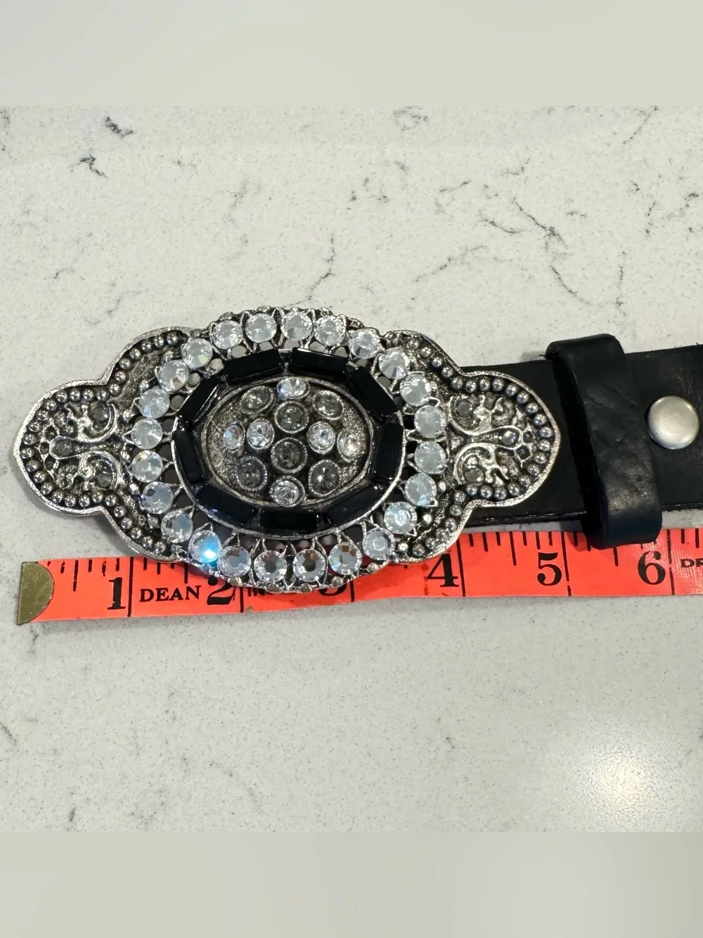 Vintage Leatherrock Studded Black Leather Belt Crystal Buckle Size 36